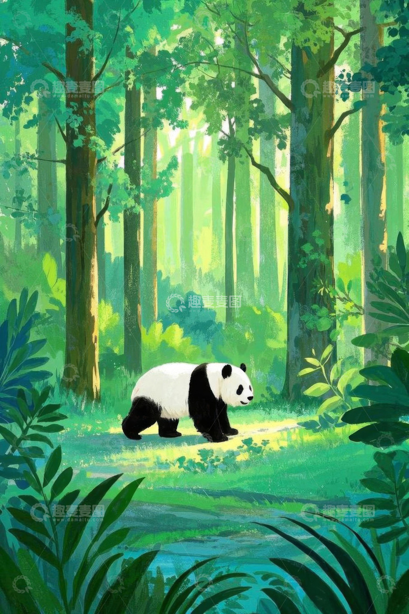 高清大图下载【趣麦麦图】森林中行走的大熊猫插画