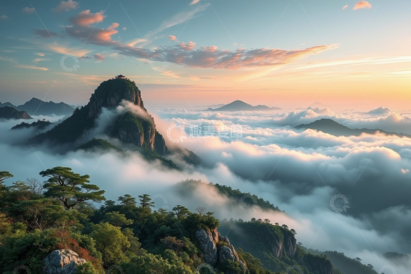 高清大图下载【趣麦麦图】云海环绕的山峰日出景象