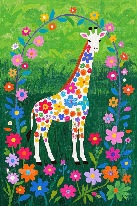 彩色花朵图案长颈鹿插画