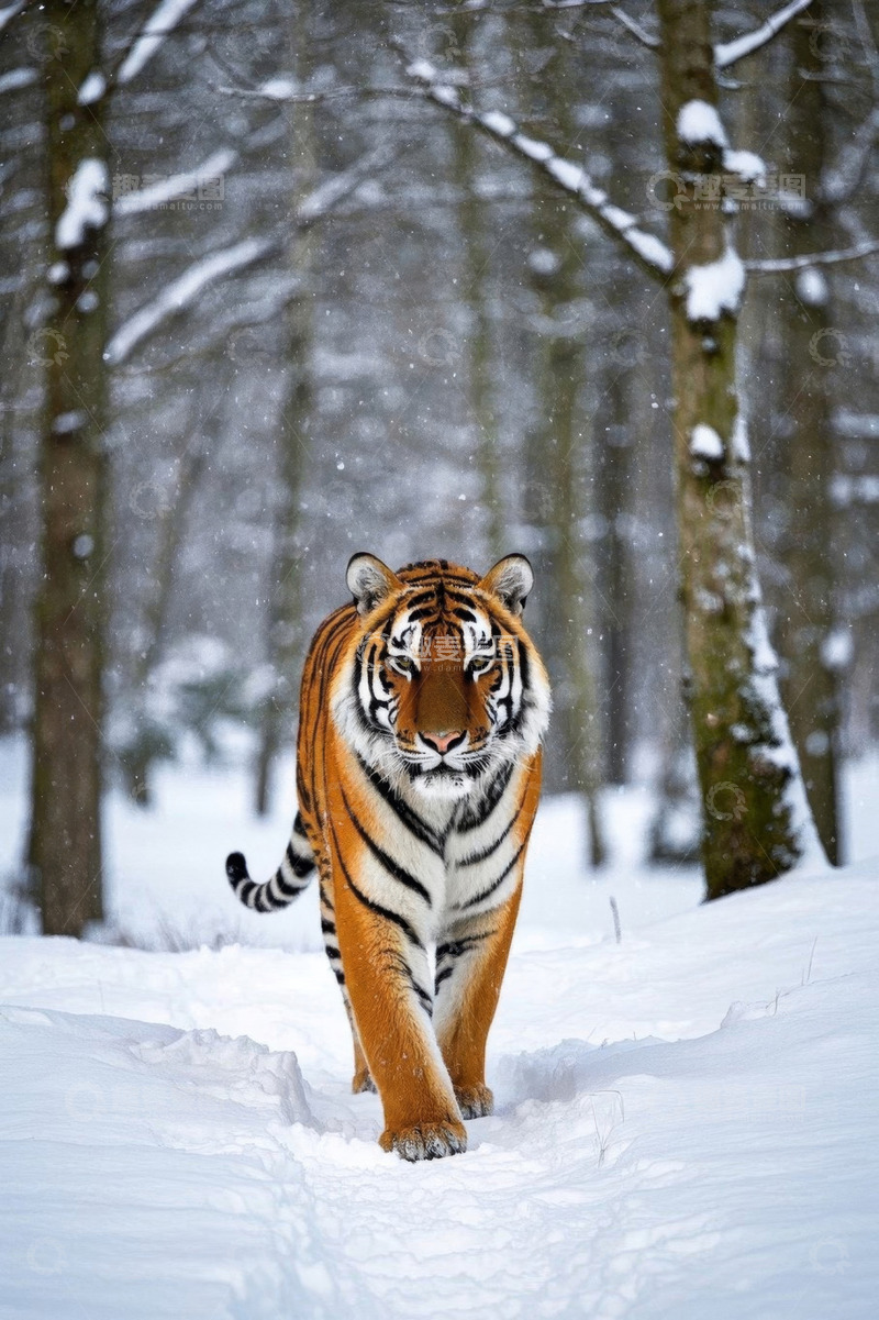 高清大图下载【趣麦麦图】雪地中行走的老虎