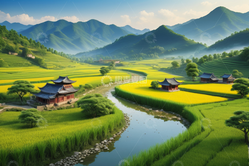高清大图下载【趣麦麦图】田园风光中的中式建筑