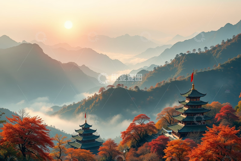 高清大图下载【趣麦麦图】秋日山间古亭与壮丽山景