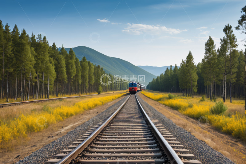 高清大图下载【趣麦麦图】铁轨上行驶的火车与自然风光