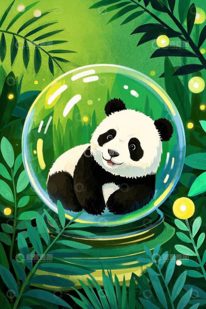 高清大图下载【趣麦麦图】玻璃球内的大熊猫与绿植