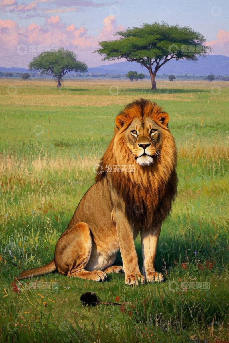 高清大图下载【趣麦麦图】草原上坐着的雄狮