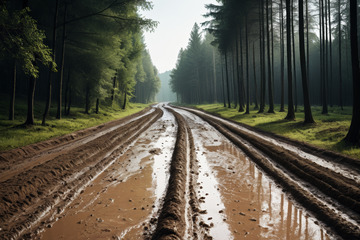 森林中泥泞道路自然景观