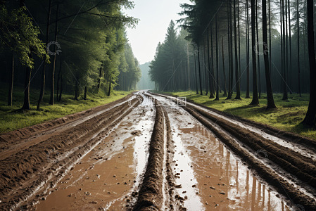 森林中泥泞道路自然景观