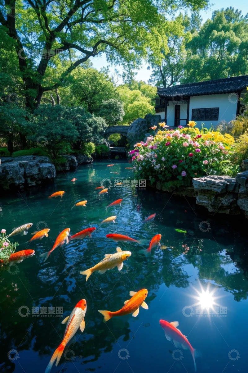 高清大图下载【趣麦麦图】中式园林池塘锦鲤景观
