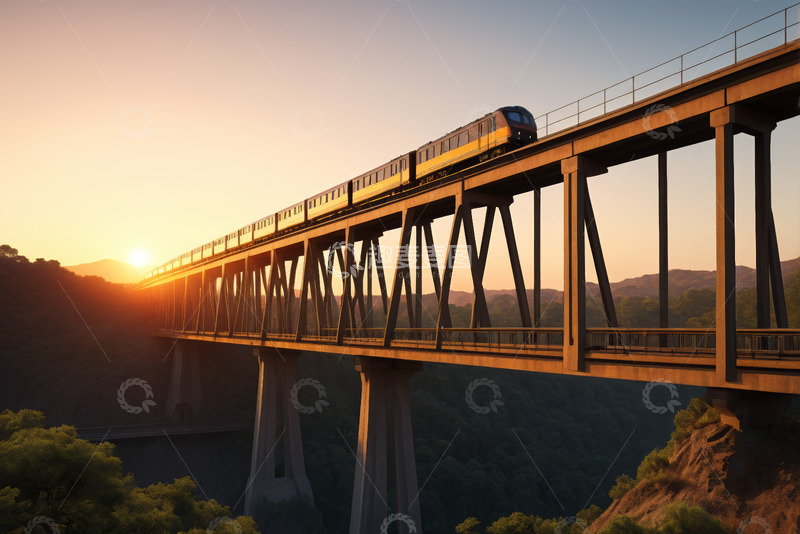 高清大图下载【趣麦麦图】夕阳下桥梁上行驶的火车
