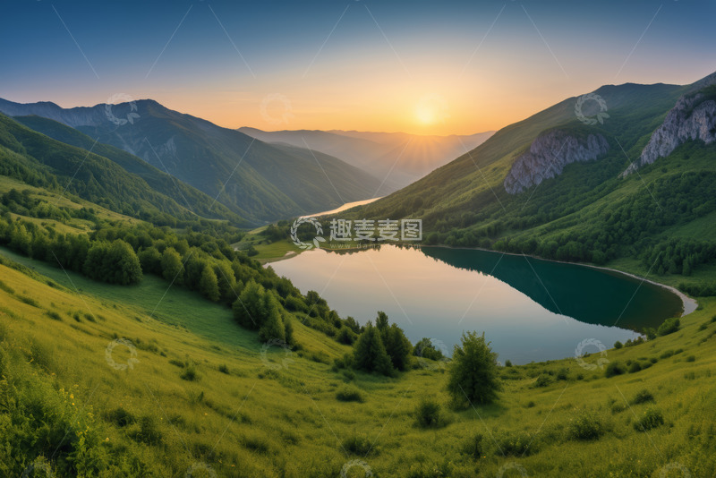 高清大图下载【趣麦麦图】山间湖泊日出自然风光