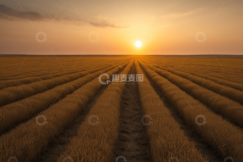 高清大图下载【趣麦麦图】夕阳下的金色麦田全景