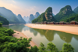 桂林山水河畔古建筑风景