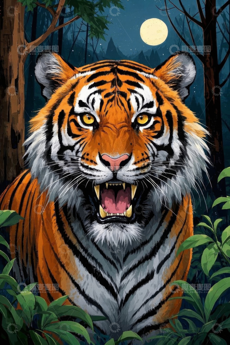 高清大图下载【趣麦麦图】月夜森林中的咆哮老虎