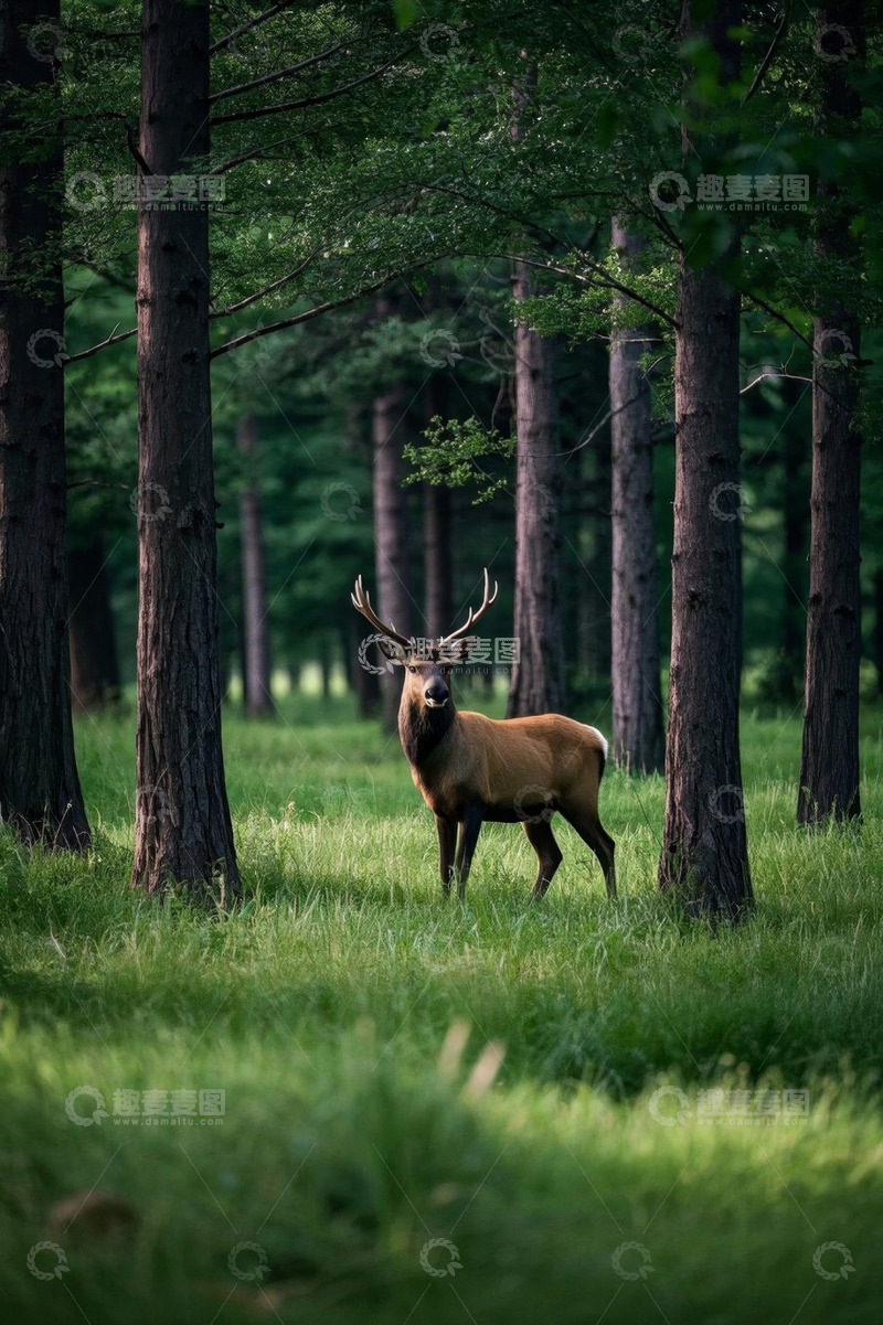 高清大图下载【趣麦麦图】森林中站立的带角雄鹿