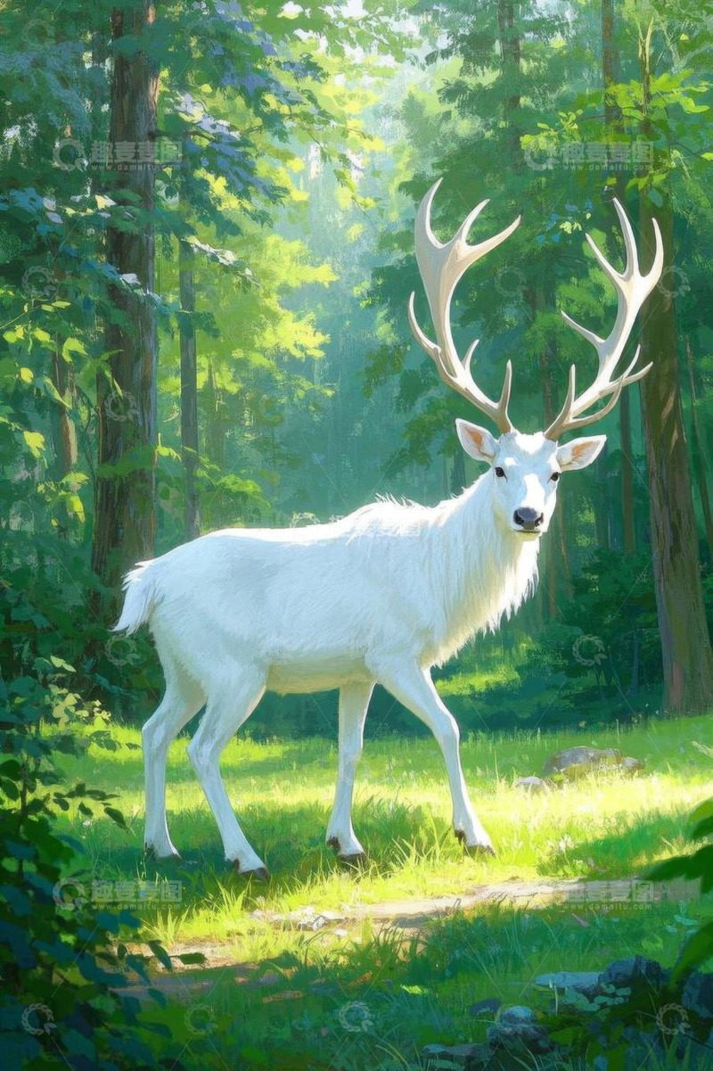 高清大图下载【趣麦麦图】森林中漫步的白鹿