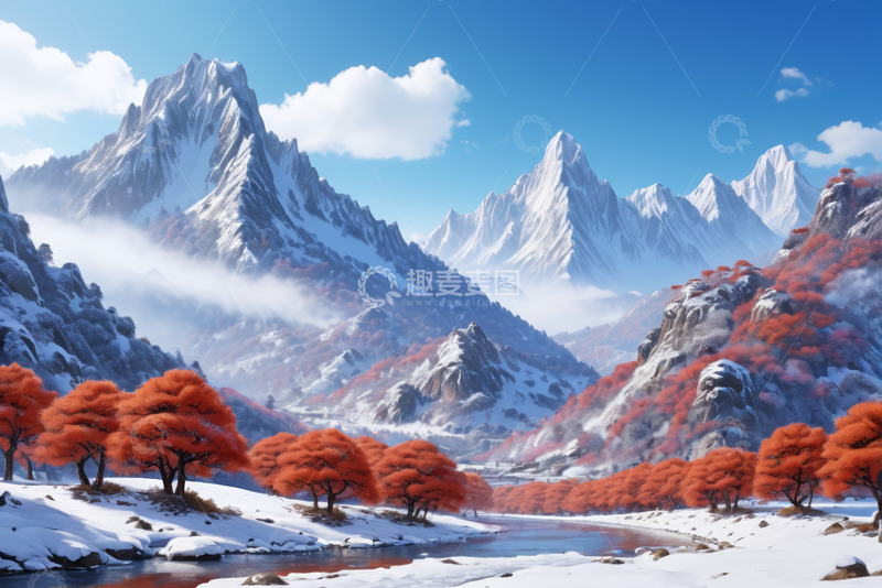 高清大图下载【趣麦麦图】雪山红叶自然风光景色