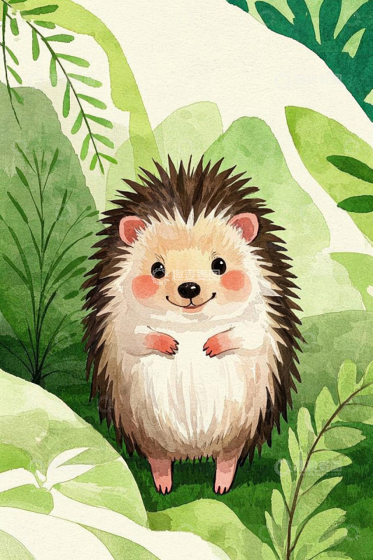 水彩风格刺猬与绿植插画