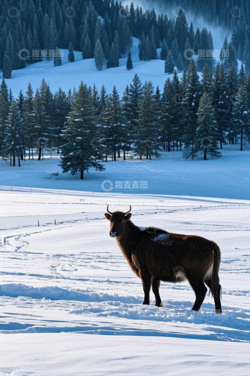 高清大图下载【趣麦麦图】雪地中的牛与松林景观