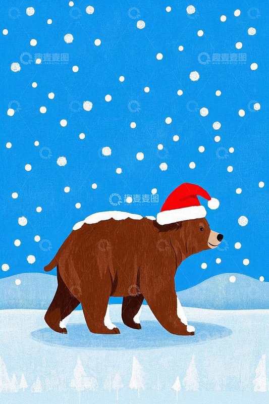 戴圣诞帽棕熊在雪地行走