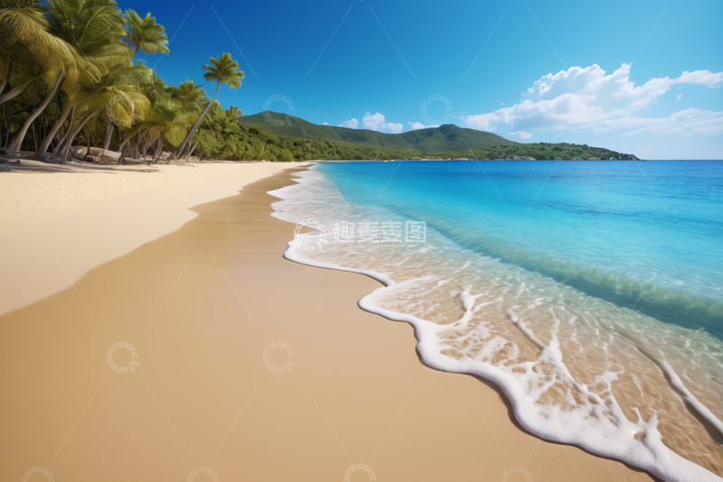 高清大图下载【趣麦麦图】热带海滩海浪与棕榈树风景
