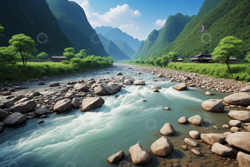 高清大图下载【趣麦麦图】山间河流与植被景观