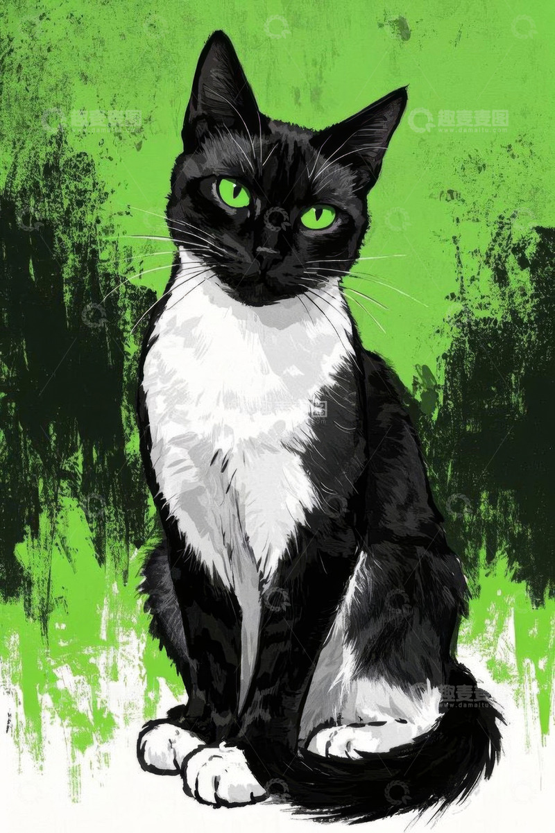 高清大图下载【趣麦麦图】黑白猫咪绿背景肖像