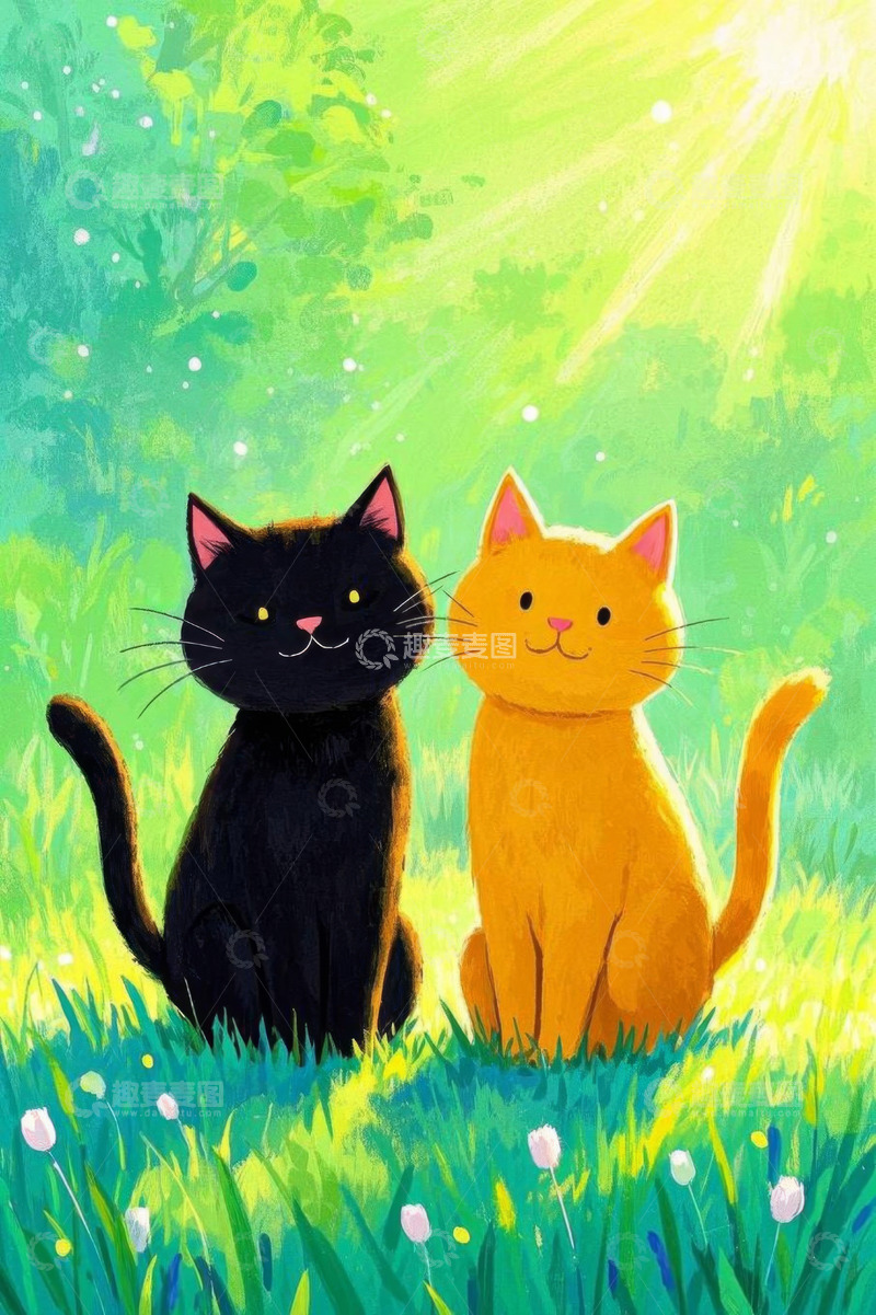 高清大图下载【趣麦麦图】阳光下草地中的黑猫与橘猫