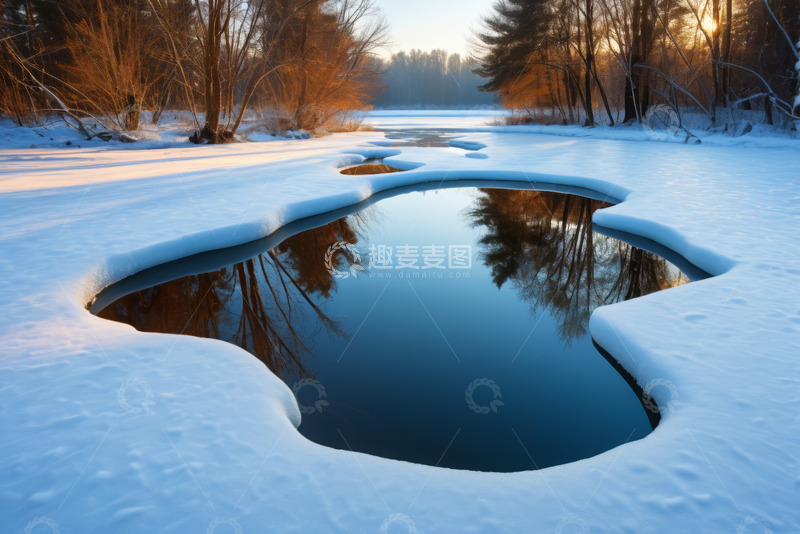 高清大图下载【趣麦麦图】冬日雪覆森林中的积水景象