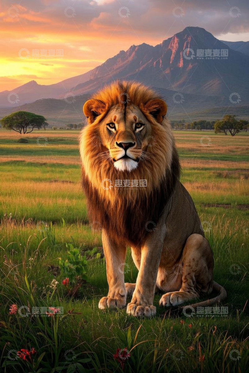 高清大图下载【趣麦麦图】草原上的雄狮坐姿特写