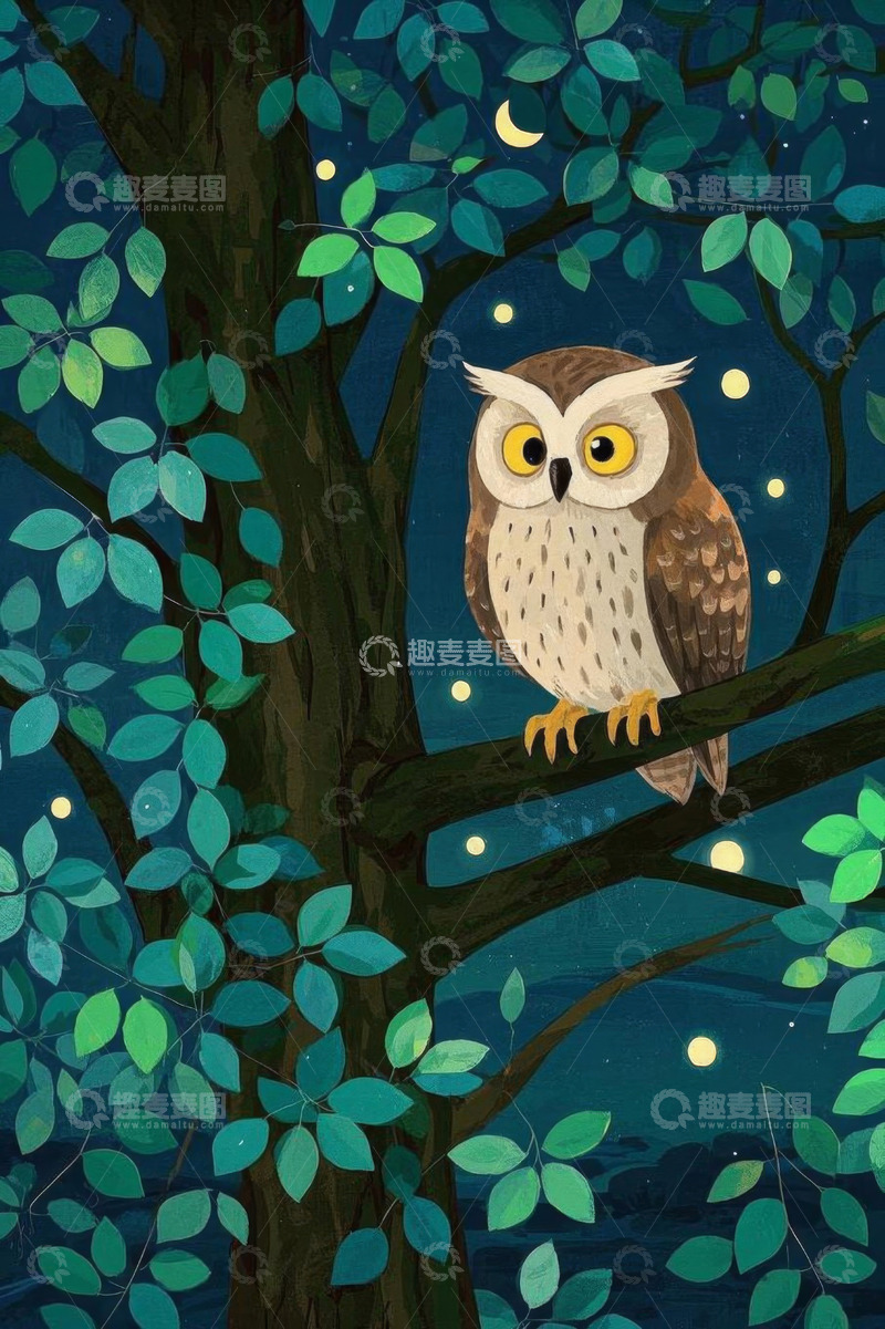 高清大图下载【趣麦麦图】夜晚树上的猫头鹰插画