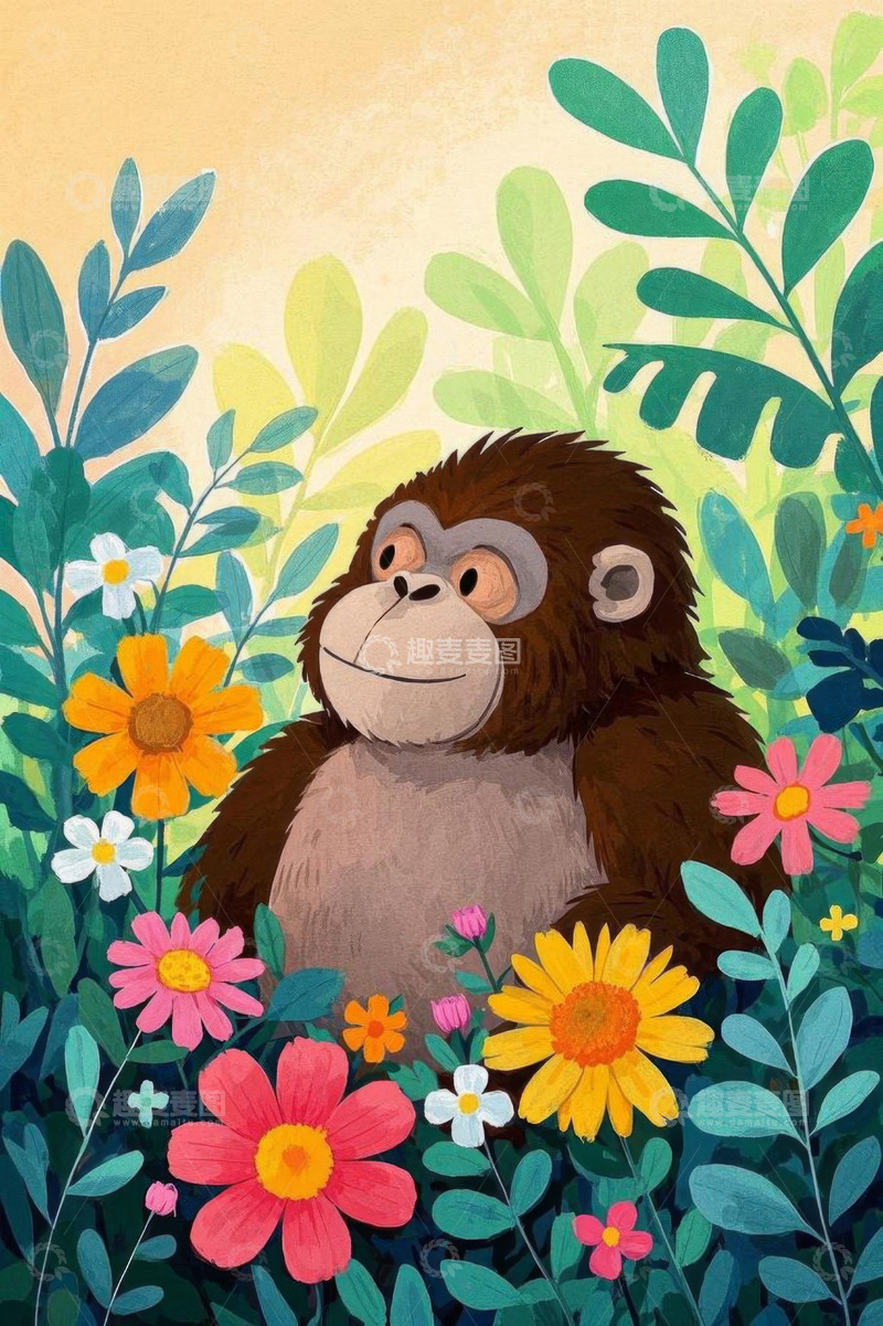 高清大图下载【趣麦麦图】插画中花丛里的猴子
