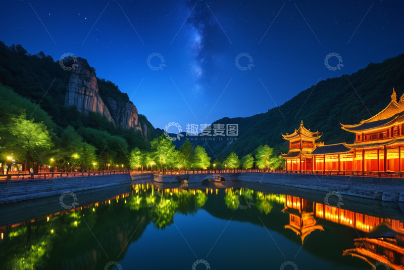高清大图下载【趣麦麦图】山水间古建筑夜景