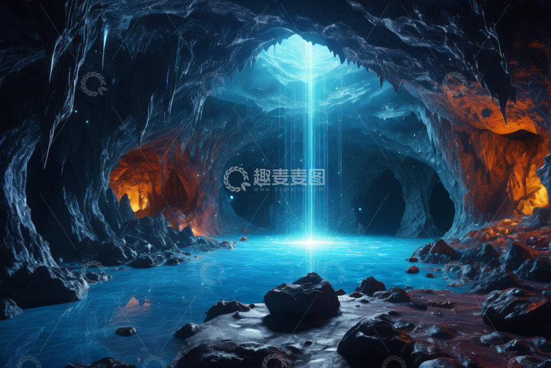 高清大图下载【趣麦麦图】神秘洞穴内光线洒落奇幻场景
