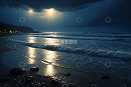 月夜下的海滩与海浪景观