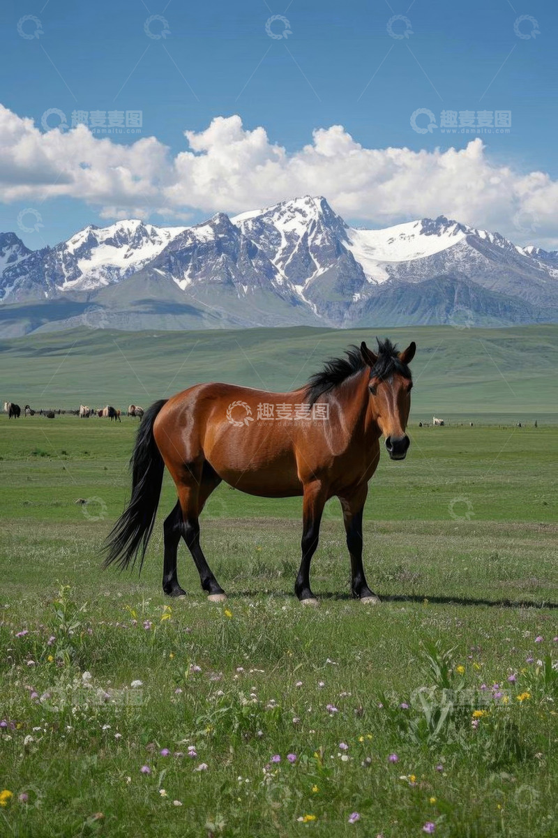 高清大图下载【趣麦麦图】草原上的骏马与雪山远景