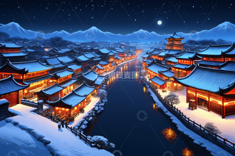 高清大图下载【趣麦麦图】雪夜中式古镇古建筑全景