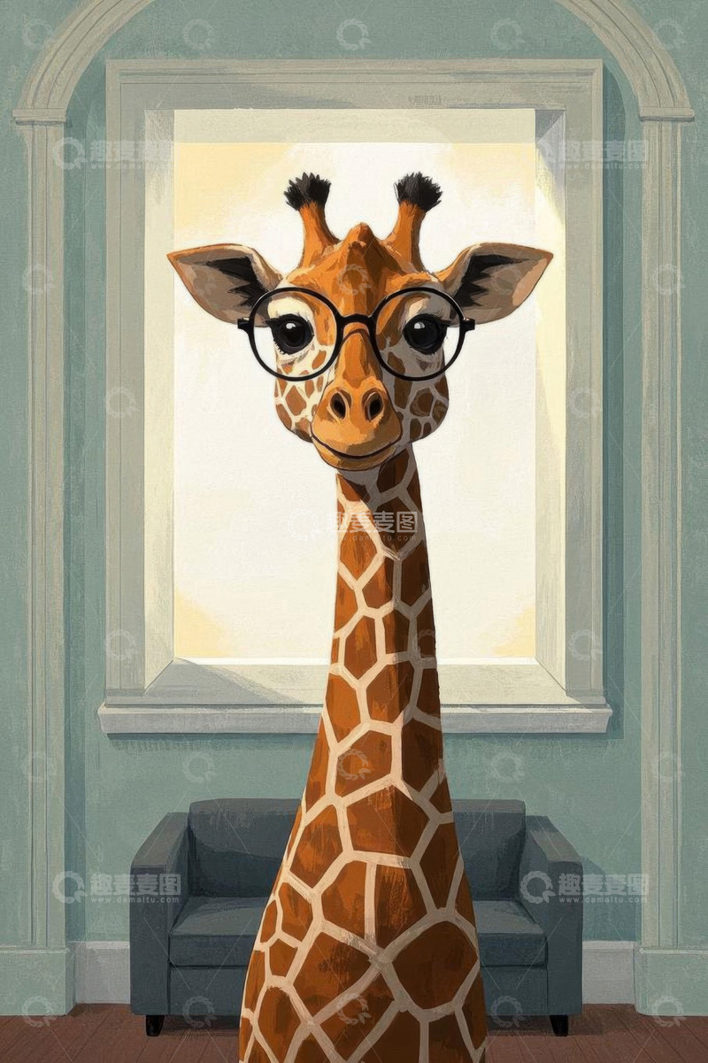 高清大图下载【趣麦麦图】戴眼镜长颈鹿室内肖像