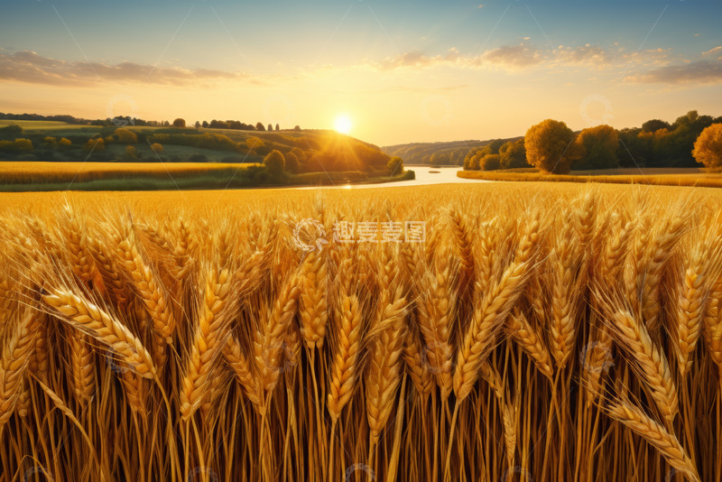 高清大图下载【趣麦麦图】金色麦田夕阳下田园风光
