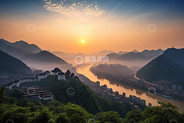 山间城市日出全景
