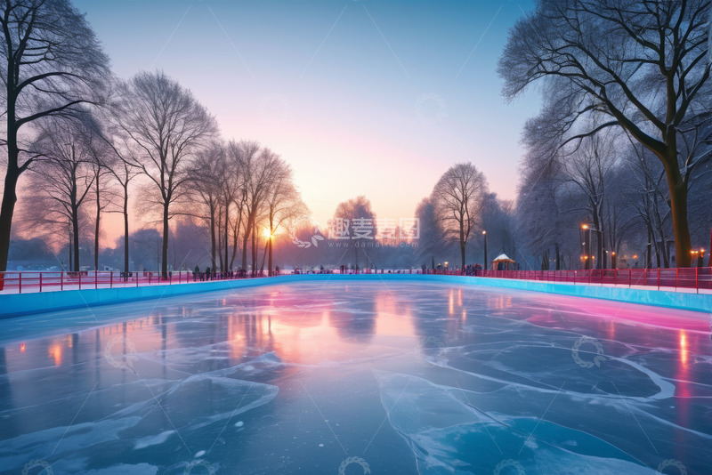 高清大图下载【趣麦麦图】冬日户外溜冰场日落景象