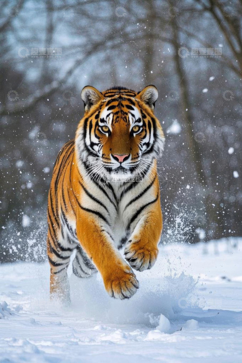 高清大图下载【趣麦麦图】雪地中奔跑的老虎