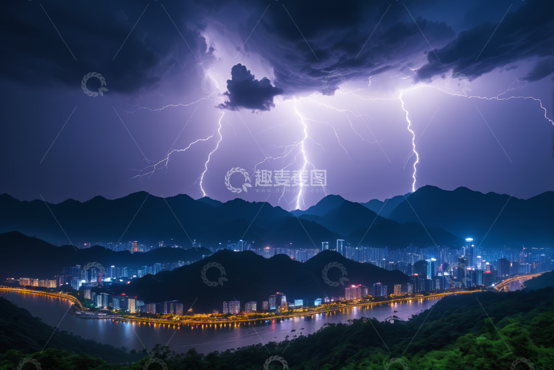 高清大图下载【趣麦麦图】城市夜景中闪电划破夜空