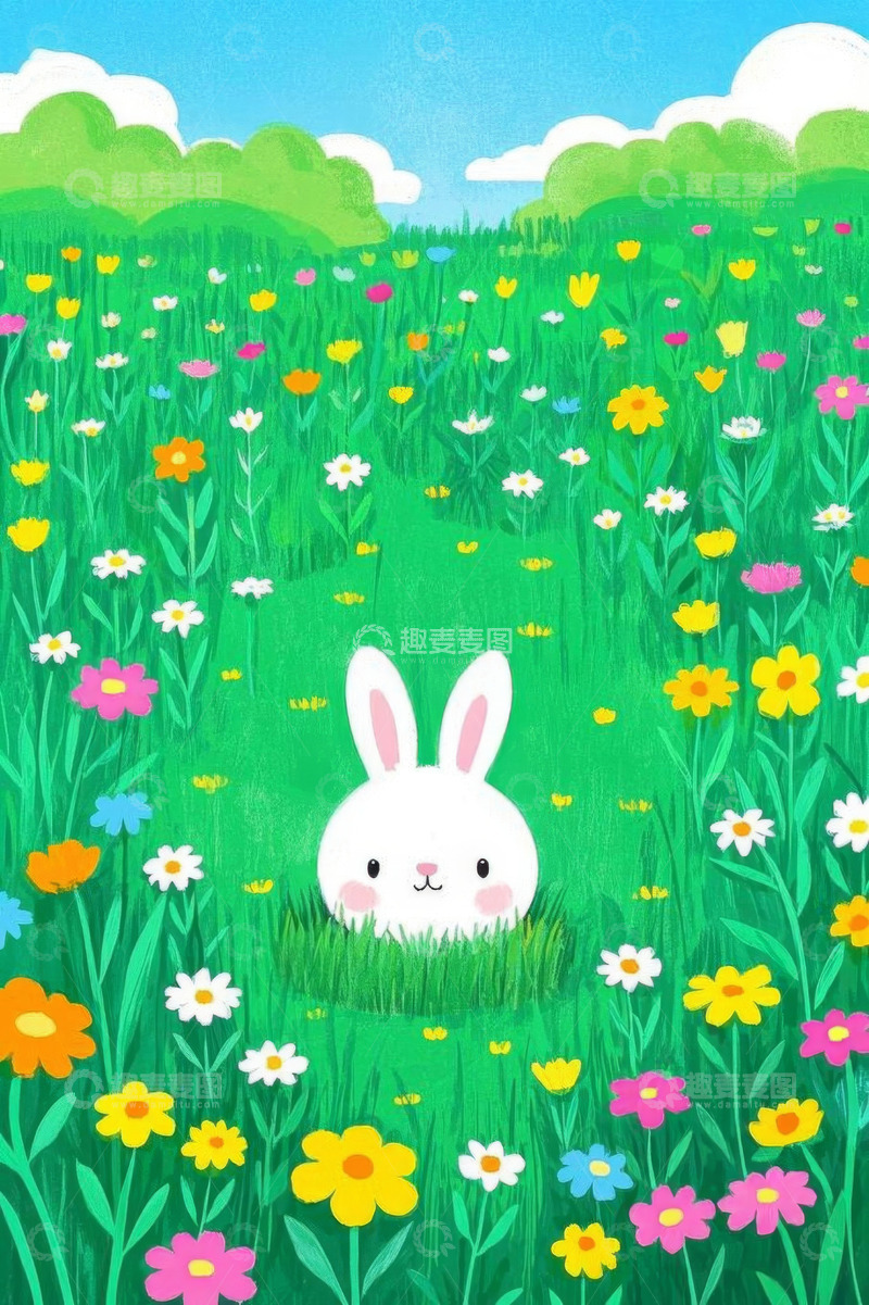 高清大图下载【趣麦麦图】花丛中可爱白兔插画