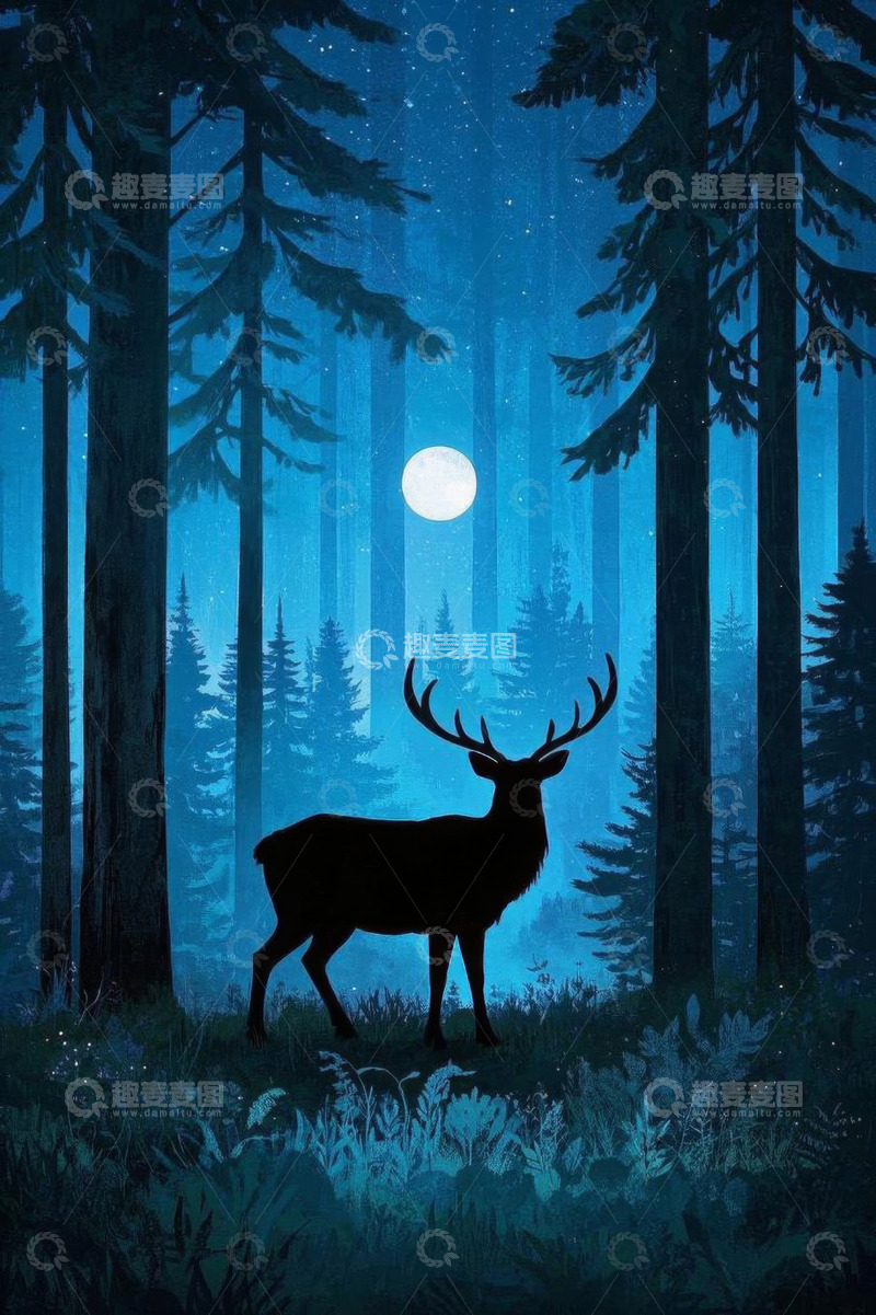 高清大图下载【趣麦麦图】月夜森林中的鹿剪影