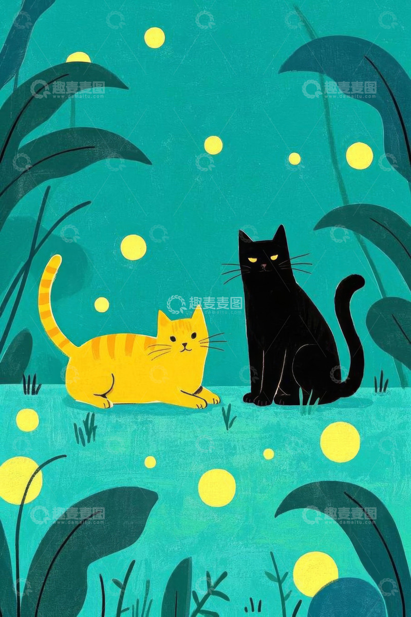 高清大图下载【趣麦麦图】两只猫咪在绿植环境中的场景