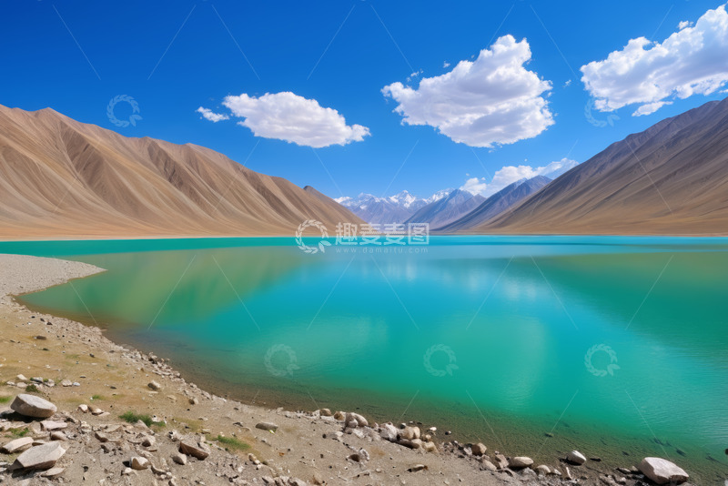 高清大图下载【趣麦麦图】蓝天下的湖泊与山脉景观