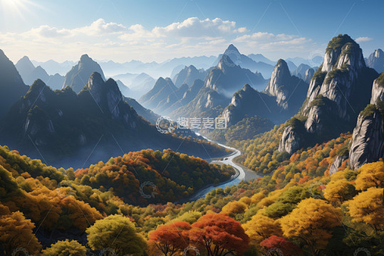 秋日山谷群山与多彩树林风景