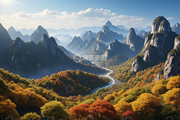 秋日山谷群山与多彩树林风景