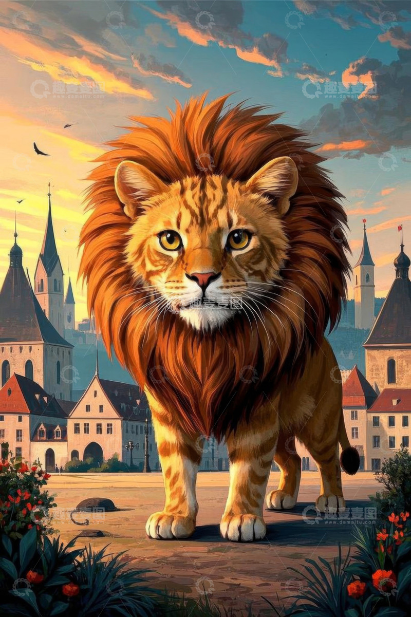 高清大图下载【趣麦麦图】城市中站立的雄狮插画