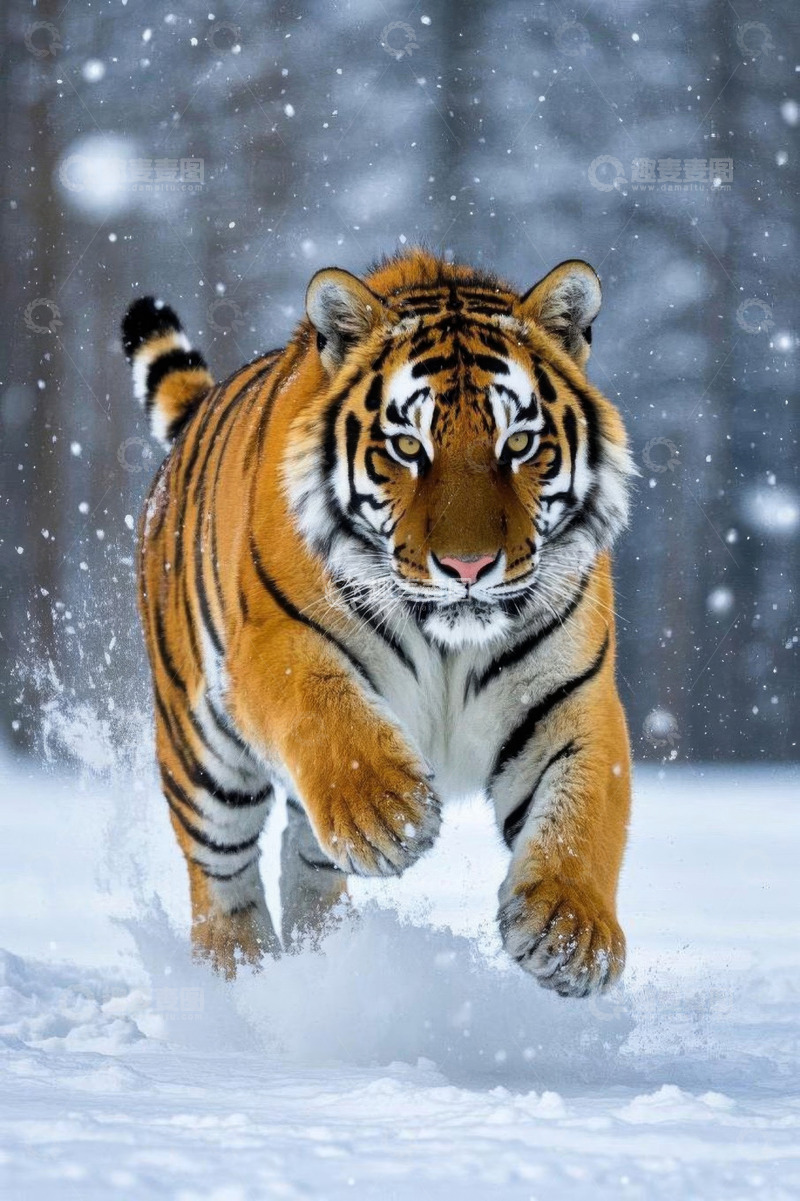 高清大图下载【趣麦麦图】雪地中奔跑的老虎